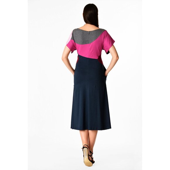 Eshaki Women's Sz 4 Colorblock Midi Shift Dress Short Sleeves Preppy Old Money - Picture 2 of 7